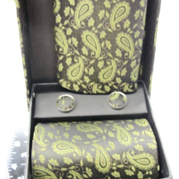 Batik Collection Malaysia Tie, Hanky & Cufflinks Black Green Silver Tone Tux IOB - Picture 8 of 8